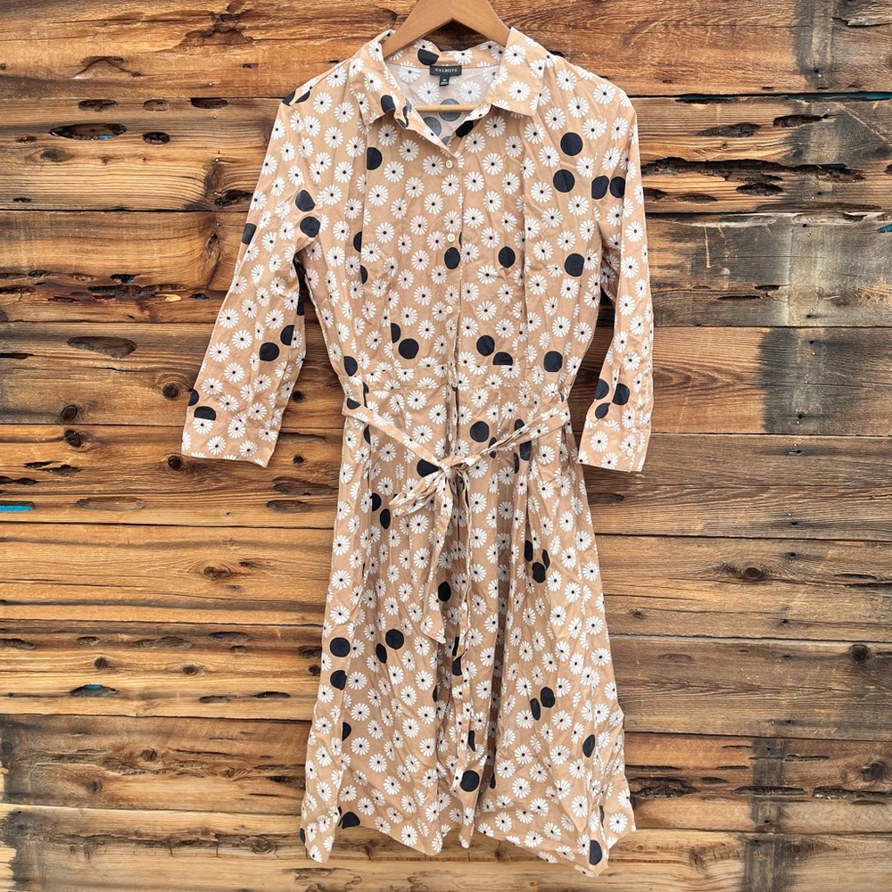 TALBOTS | Tan Floral Polka Dot Collared Button Down Dress 10